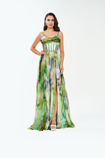 BDM Exclusive İnce Askılı Yırtmaçlı Dijital Baskılı Şifon Astarlı Abiye Elbise