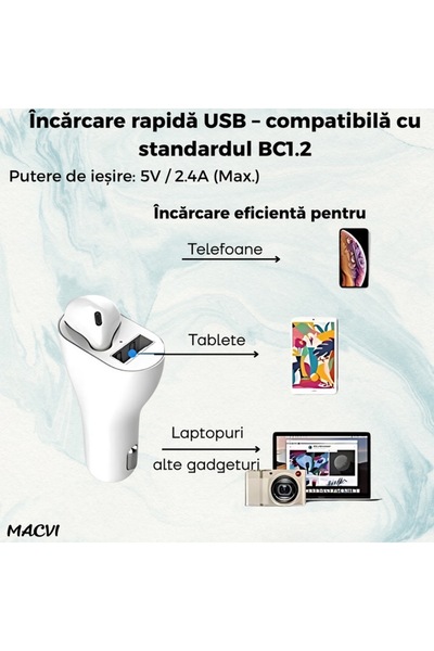 MACVI Macvi® Car Charger with Integrated Bluetooth Headset and 2-in-1 USB Port