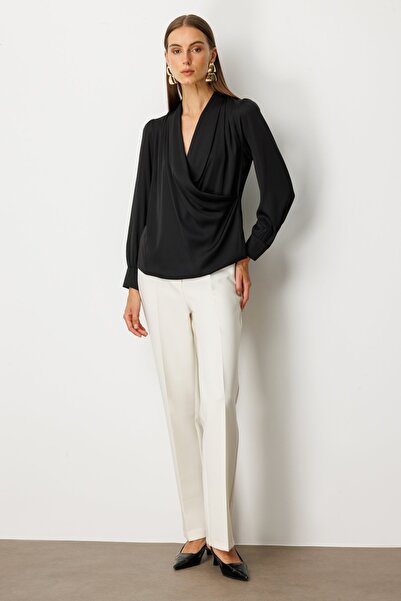 Ekol Double Breasted Collar Front Pleated Blouse