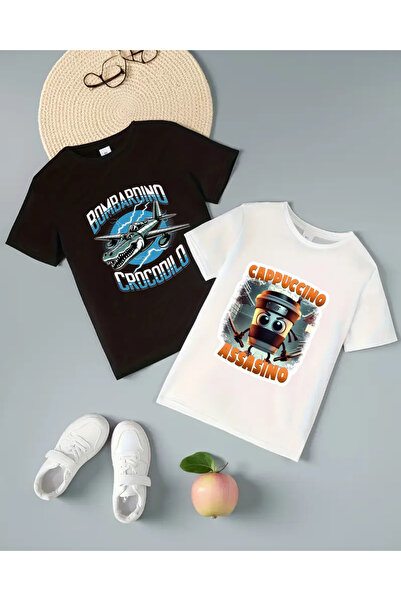haha طقم تي شيرت مكون من قطعتين بطبعة كابتشينو أساسينو/بومبردينو كروكوديلو لل...