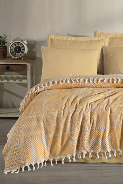 Enlora Home Çok Amaçlı Pike Seti Çift Kişilik Patchwork Hardal (3 Parça)