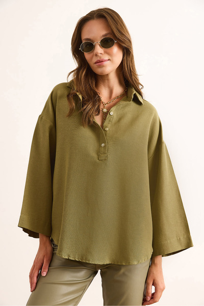 Olalook Γυναικείο πουκάμισο χακί με γιακά με κουμπιά, ριχτάρι μπλούζα από βισκόζη BLZ-19003088