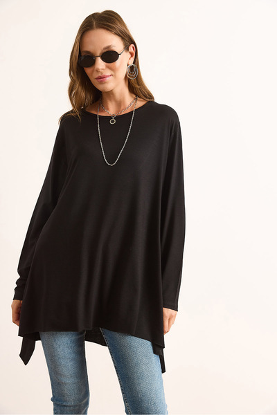 Olalook Women's Black Slit Draped Long Knitted Viscose Blouse Blz-19003089