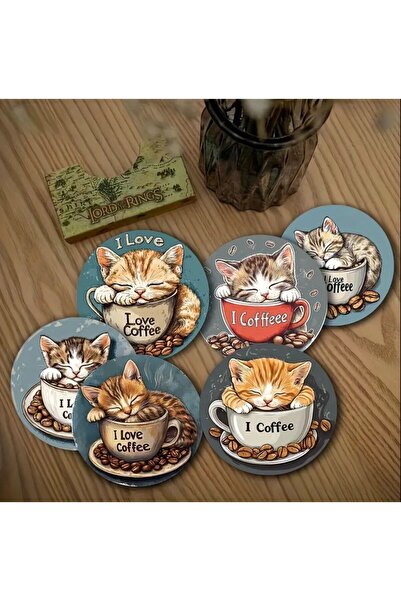 esdekor 6 Pcs Cute Cat Coffee Cup Patterned Wooden Plates