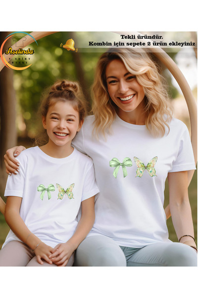 ASELİNDA Tricou combinat mama-fata cu imprimeu cu fundita si fluturi (adăugaț...