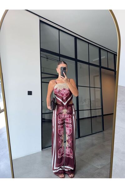 BB Bensu Buyruk Burgundy Satin Blouse and Pants Set with Tie-Up Straps at the...