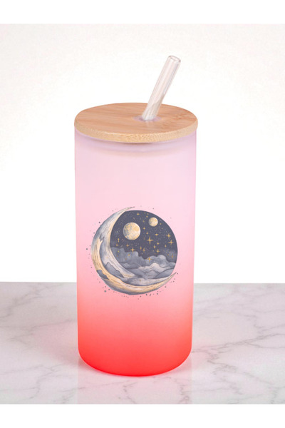 lili hediyelik Moon and Stars Printed 600 ml Glass Flask - Water Flask, Drinking Flask, Glass Flask with Straw