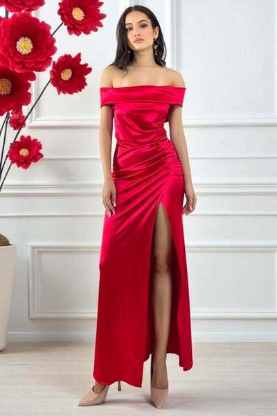 FashionForYou Μακρύ βραδινό φόρεμα, DHALIA με ανοιχτή λαιμόκοψη, Κόκκινο