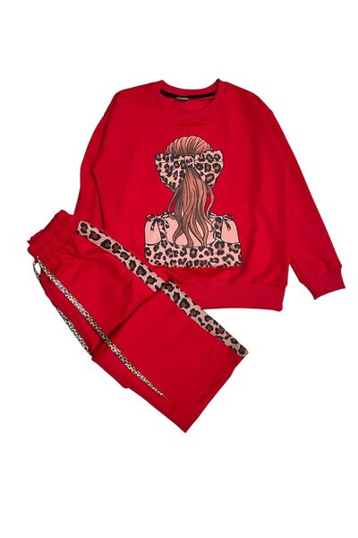 ALİŞ KİDS Girl's Cotton Red Girls' Buckle Patterned Long Sleeve Wide Leg Tracksuit Set