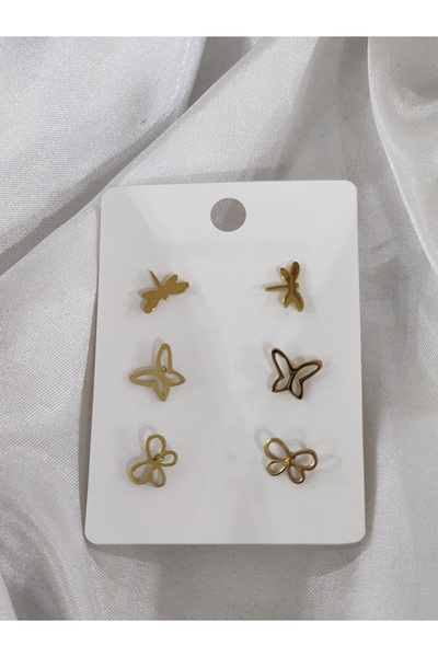 Aylish Bijuteri Gold 6 Piece Earring Steel Set Butterfly