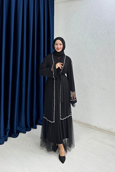 lurex moda Abaya with Six Ruffles and Pearl Detailing