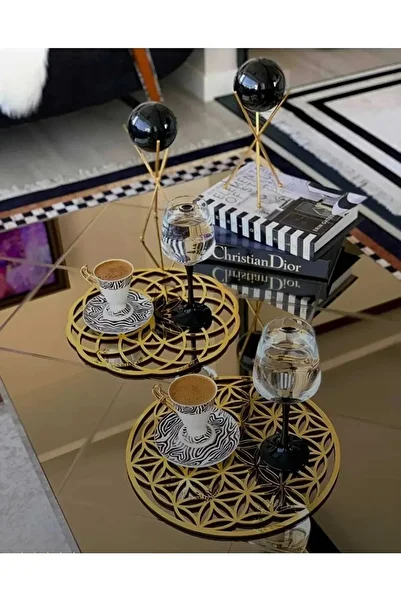 Numa Concept Flower of Life 3-Piece Subla Kitchen Presentation Service Set with Mirror Gold Plexi, Each 30X30 cm