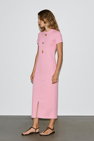 HAKKE Ottoman Fabric Short Sleeve Midi Dress with Slit Detail