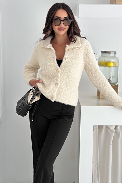 FEMELLE Beige Bearded Knitwear Cardigan Soft Textured - Gold Button Detail Standard Size