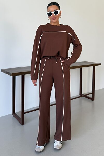 MODAGEN Γυναικείο καφέ λεπτομερές σετ με λεπτομέρεια με λεπτή γραμμή και λαιμόκοψη