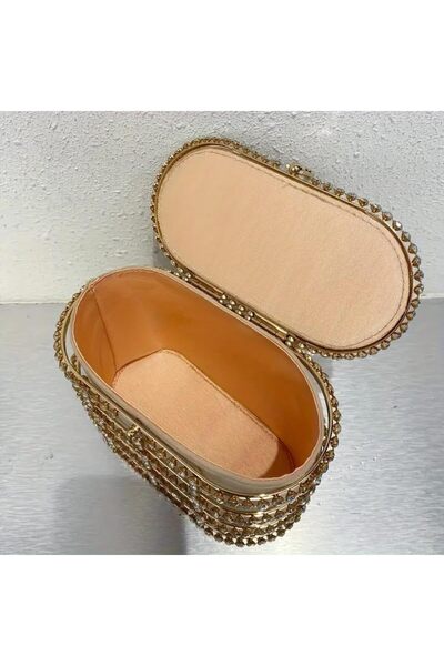 Just Pretty Corner Elegant French Metal Basket Evening Bag with Crystal Faux Diamonds – Hollow Out Design Clutch with