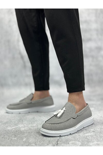 BOA BA0005 Чоловічі туфлі без шнурівки, з високою підошвою, класичні, з бавовняної тканини, з пухнастими бахромою, кольору димчастого