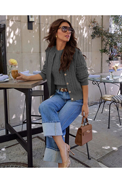 AQE FASHION Set din două piese pentru femei, bluză cu model împletit și cardigan cu nasturi, antracit