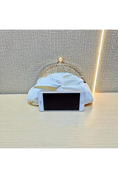 Just Pretty Corner White Mini Clutch Bag with Crown Design, Pearl Accents & Removable Strap
