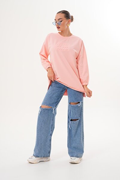 WestBound Pudra Mi̇u Embossed Print Crew Neck Hijab Sweatshirt Tunic 712