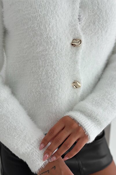 FEMELLE White Bearded Knitwear Cardigan Soft Textured - Gold Button Detail Standard Size