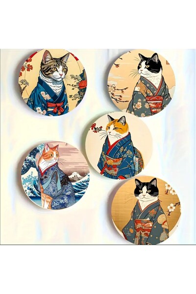 esdekor 5 Stylish Kimono Cat Wooden Coasters - Elegant Japanese Decor