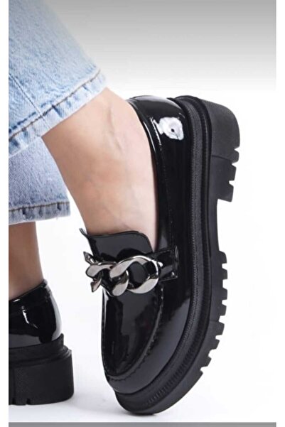 Zaza moda Black Patent Leather Buckle Detailed Loafer Women's Shoes Are Stylish and Comfortable