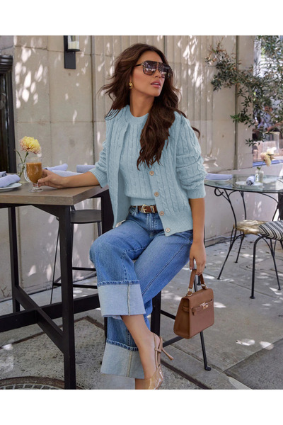 AQE FASHION Kadın Saç Örgü Desenli Kombin Bluz Ve Düğmeli Hırka İkili Takım Bebe Mavisi