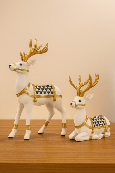 Euro Decora Dekoratif Lüks Beyaz & Altın Boynuzlu Geyik Biblo Seti (2’li) – M...