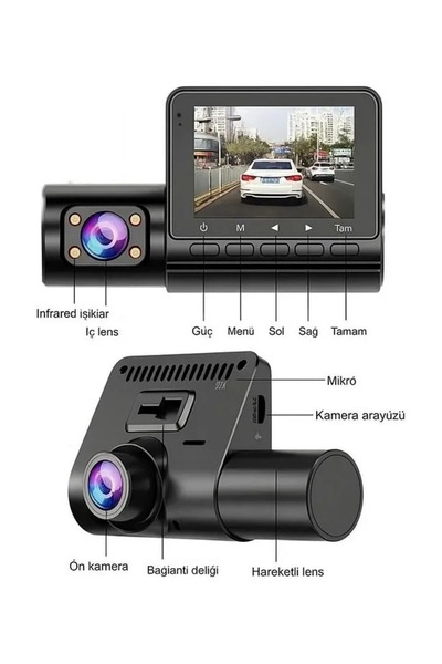 pukotech C50 1080P 3 Kameralı Araç Kamerası Gece Görüş G-Sensör Geri Görüş Kameralı 170° Açı Döngüsel Kayıt