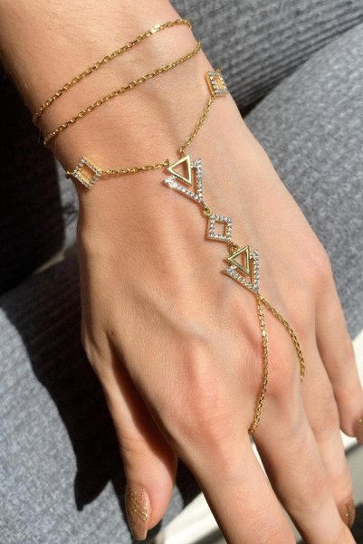 Spossy Silver Jewelry 925 Ayar Gümüş, Gold, Üçgen Tasarım Çift Dolamalı Şahmeran