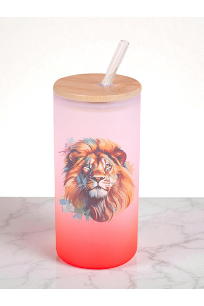 lili hediyelik Modern Lion Printed 600 ml Glass Flask - Water Flask, Drinking Flask, Glass Flask with Glass Straw