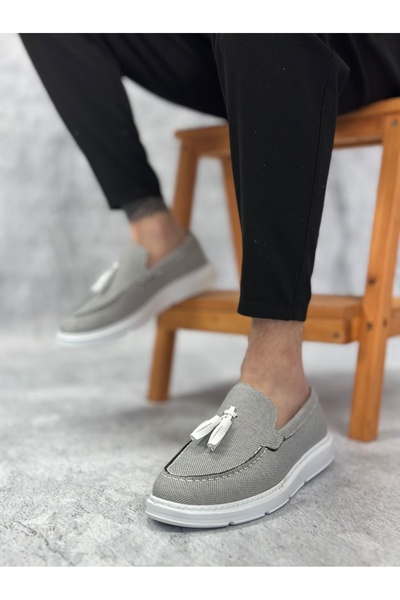 BOA BA0005 Чоловічі туфлі без шнурівки, з високою підошвою, класичні, з бавовняної тканини, з пухнастими бахромою, кольору димчастого