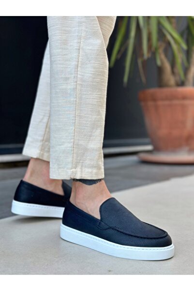 BOA BA0241 Bağcıksız Yüksek Taban Siyah Beyaz Taban Cilt Erkek Ayakkabı