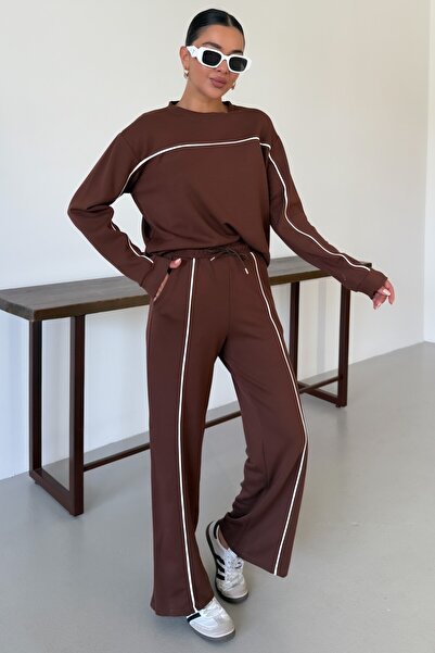 MODAGEN Γυναικείο καφέ λεπτομερές σετ με λεπτομέρεια με λεπτή γραμμή και λαιμόκοψη