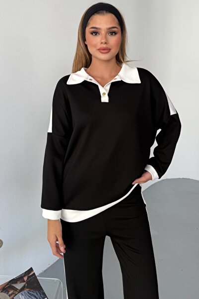 FEMELLE Black Modal Fabric Cotton Double Set - Top and Bottom Set with Buttoned Collar