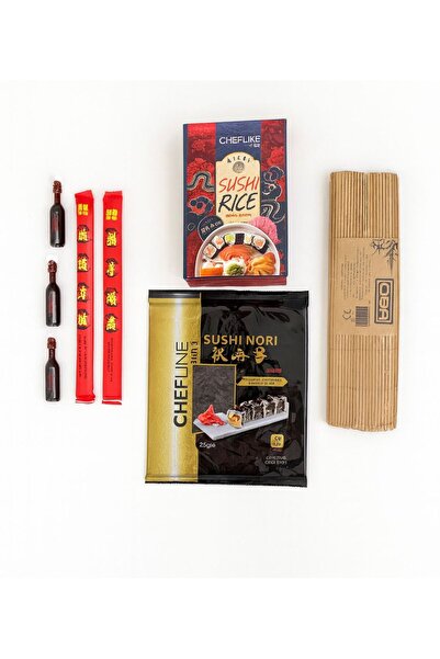 Chefline Sushi Pirinci + 10’lu Sushi Yosunu + 2 Bambu Stick + 3 Bambu Mat + 3x10ml Soya Sosu Seti
