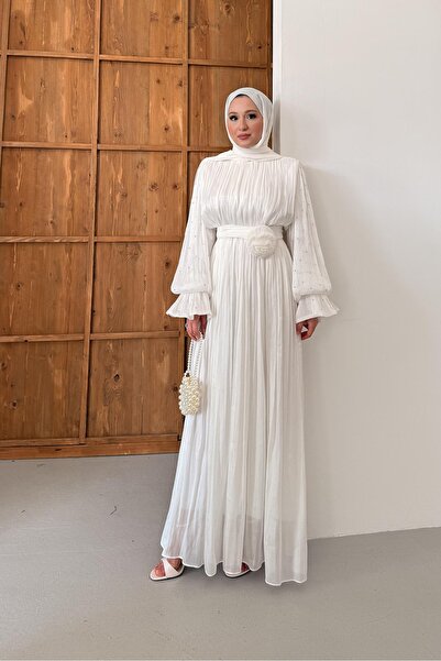 Rimel Moda Maria İpek Taşlı Elbise Beyaz