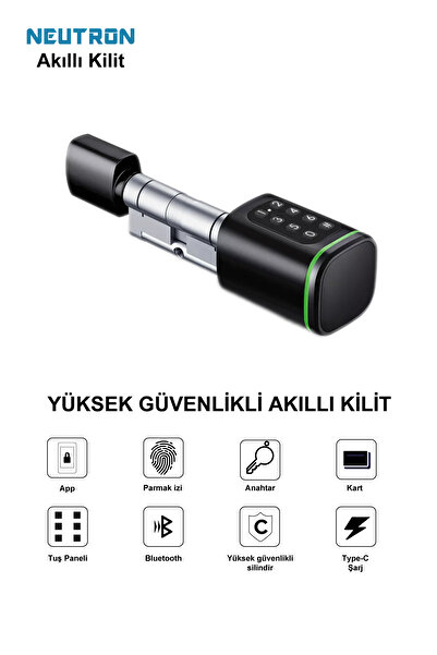 NEUTRON NTL-SC-02FKPB Parmak izi, Anahtarlı, Tuşlu, Kartlı ve Uzaktan Kontrollü Akıllı Kapı Kilidi Siyah