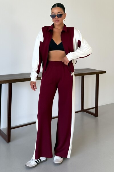 MODAGEN Γυναικείο σετ αθλητικής φόρμας με χοντρό λευκό ριγέ ζακέτα σε μπορντό χρώμα