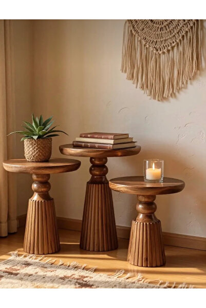 AYLESA Doğal Ahşap 3’lü Set Mantar Yan Sehpa Modern Fiskos Zigon Çiçeklik