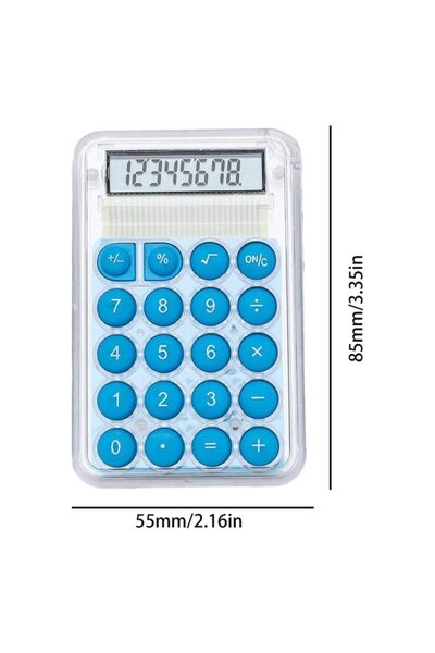OEM Mini calculator de buzunar, 8 cifre, solar, transparent, cu butoane rotunde colorate - albastru