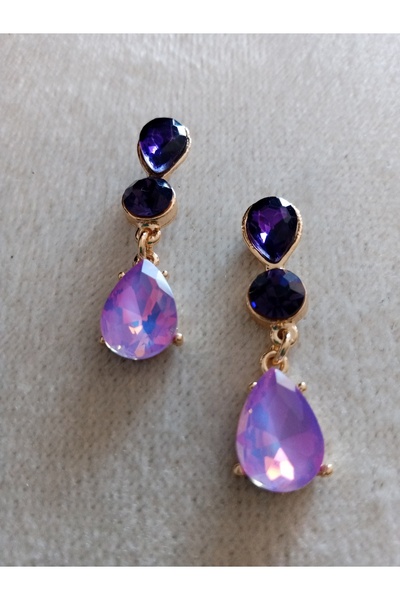 Pervin Ablacım Steel Gold Pink and Purple Stone Dangle Earrings