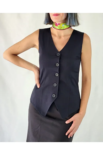 YAXİ V Neck Unlined Dark Navy Blue Woven Vest
