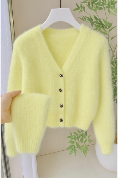NATUFIAN STORE Women's Lemon Yellow Plush Look Soft Furry V-Neck Basic Knitwear Cardigan