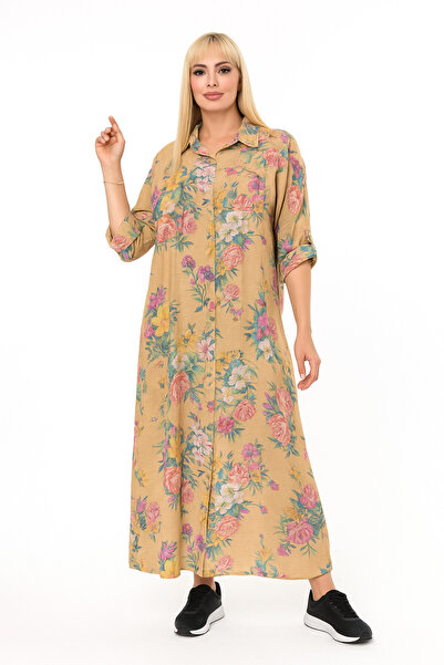 Butik Ayseba Women's Floral Linen Plus Size Long Shirt Dress