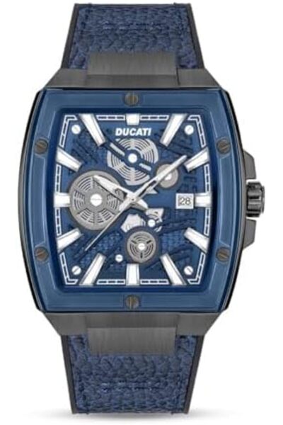 Ducati DT002 Men's Watch with 40mm Rectangular Deep Grey Case, Blue Semi-Transparent Dial, 3 Hands &
