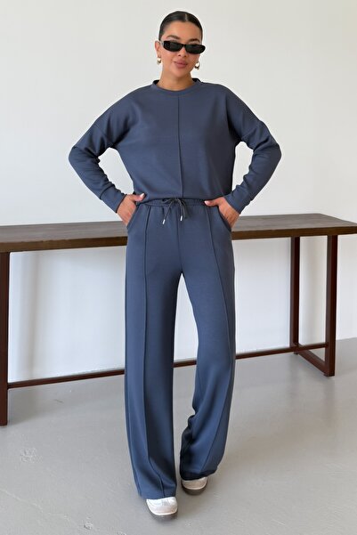 MODAGEN Women's Smoked Plain Crew Neck Top and Bottom Modal Tracksuit Set