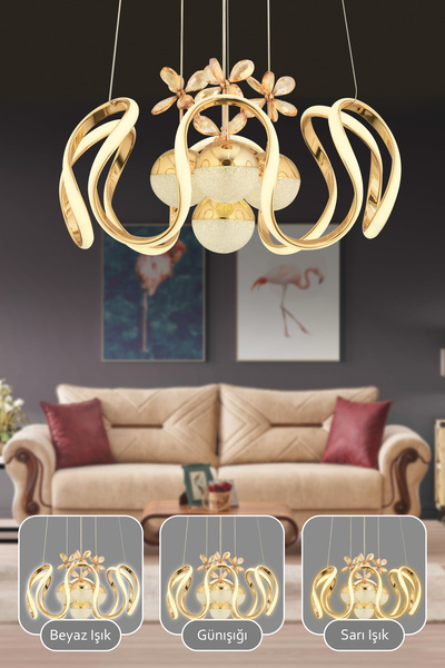 Dekorluna Modern Riva 3 Renk Işık Özellikli Power Led Gold Kaplama Sarkıt Led Avize Salon Avize