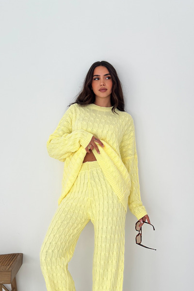 mielva Loose Yellow Knitted Patterned Knitwear Set Oversize Sweater and Wide Leg Pants